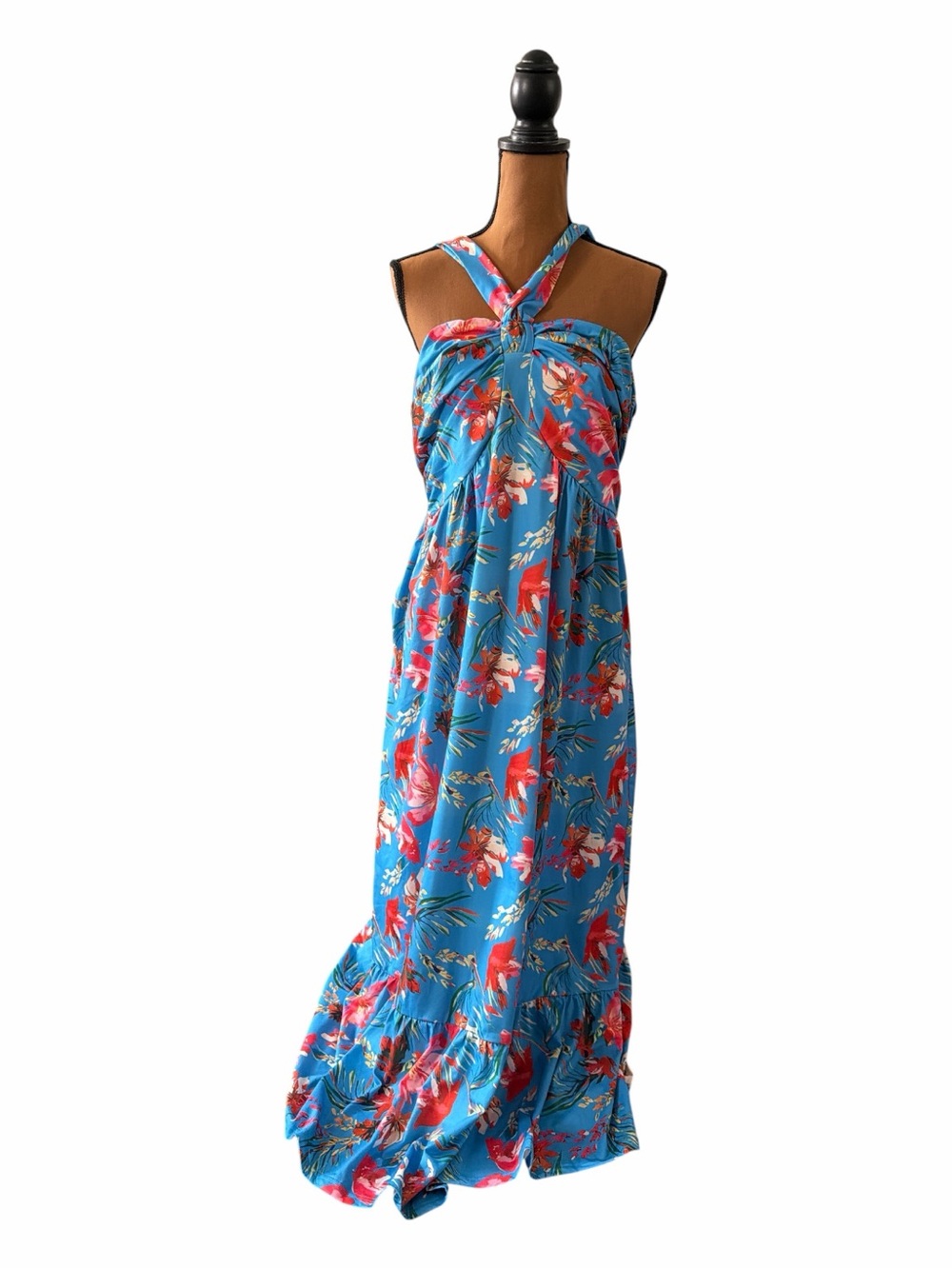 Grace Karin Blue Floral Halter-Style Maxi Dress with Red Accents NWOT